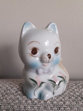 Ceramic Cat Figurine Piggy Bank for Cat Lovers - White and Blue